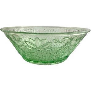 Vintage Indiana Daisy Green Depression Glass Bowl 8.5” Floral Scroll Pattern